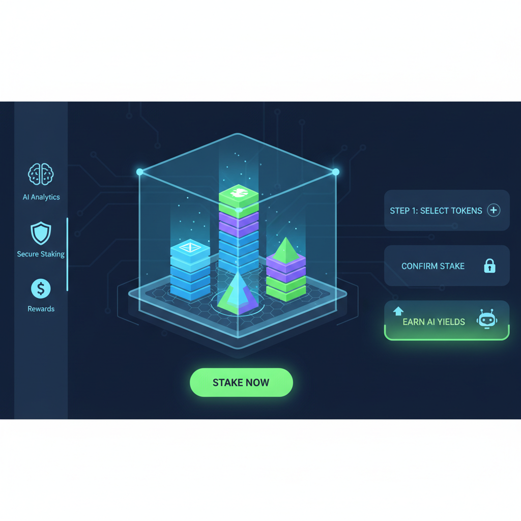 staking crypto tokens on AI platform dashboard, glowing token stacks, secure vault aesthetic