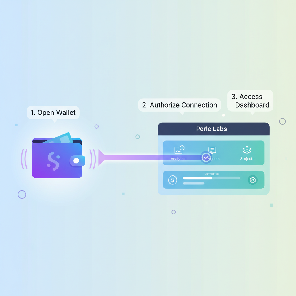 connecting Solana wallet to Perle Labs platform, glowing wallet icon linking to dashboard