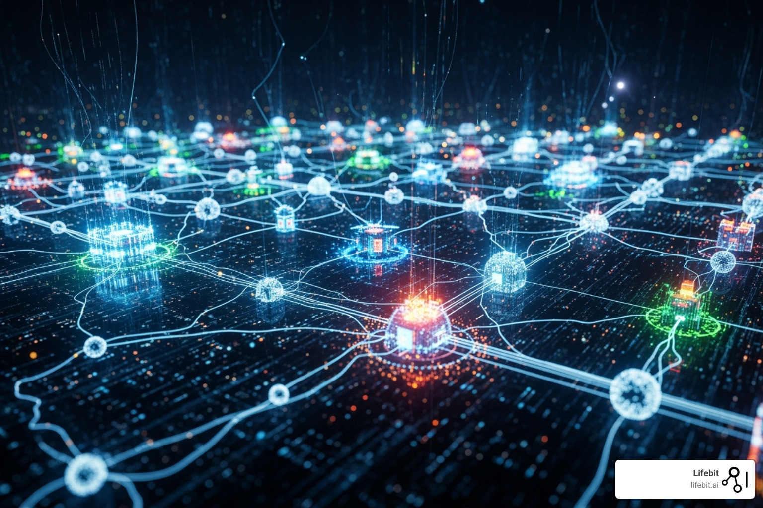 Futuristic digital visualization of glowing blockchain tokens flowing into interconnected AI data labeling neural networks, with decentralized contributors represented as nodes on a global world map