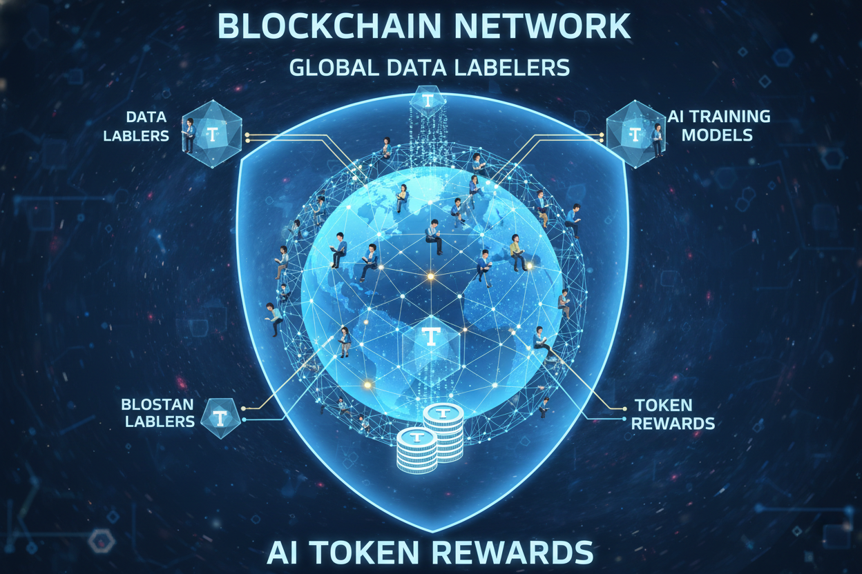 Blockchain network illustration connecting global data labelers with AI enterprises via token rewards for decentralized data annotation