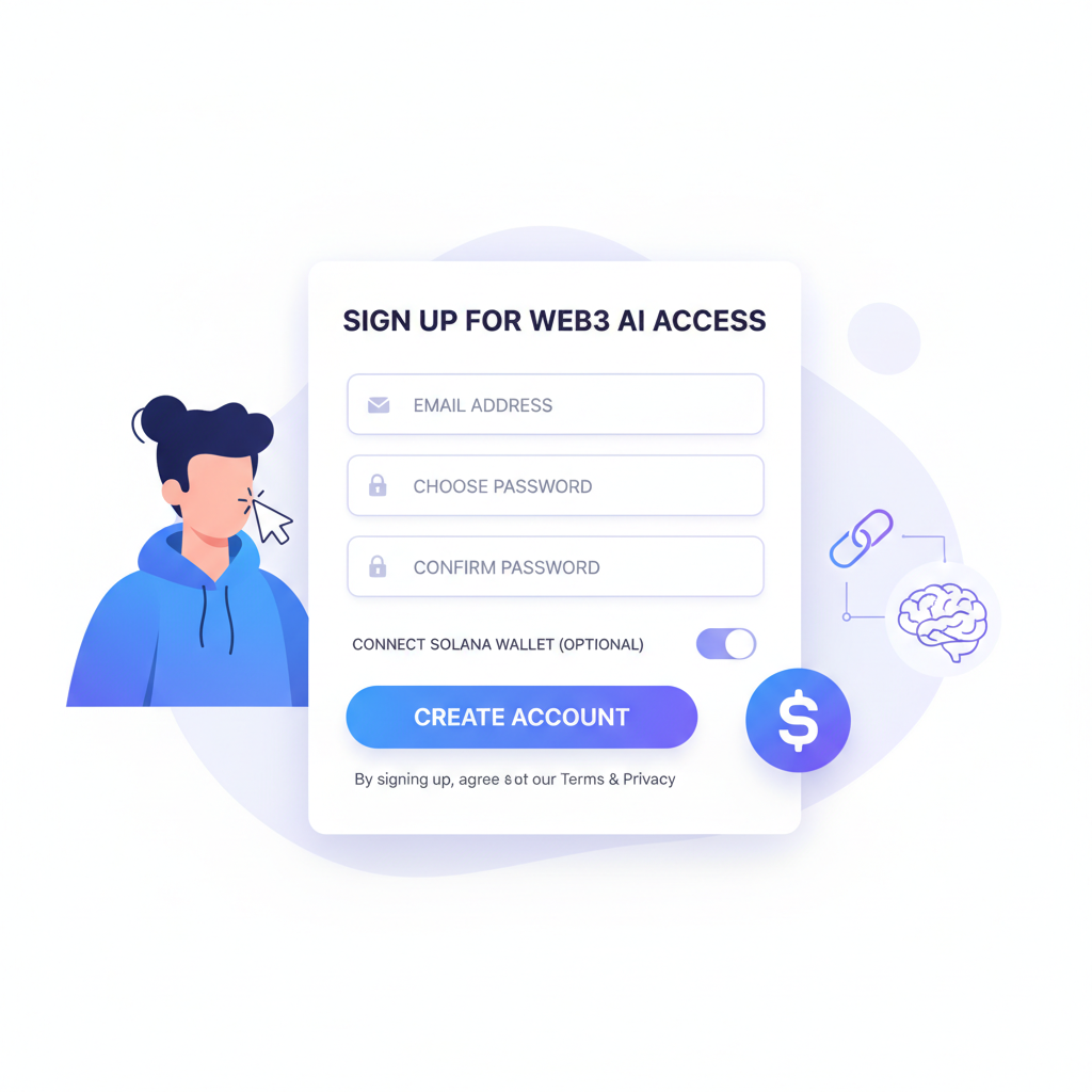 user signing up on modern web3 ai platform interface solana blockchain elements clean ui
