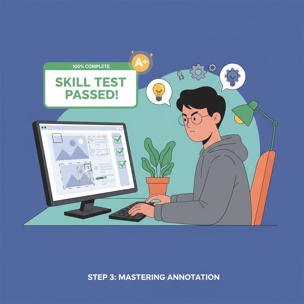 person acing AI data annotation skill test on computer, focused intense expression, digital interface