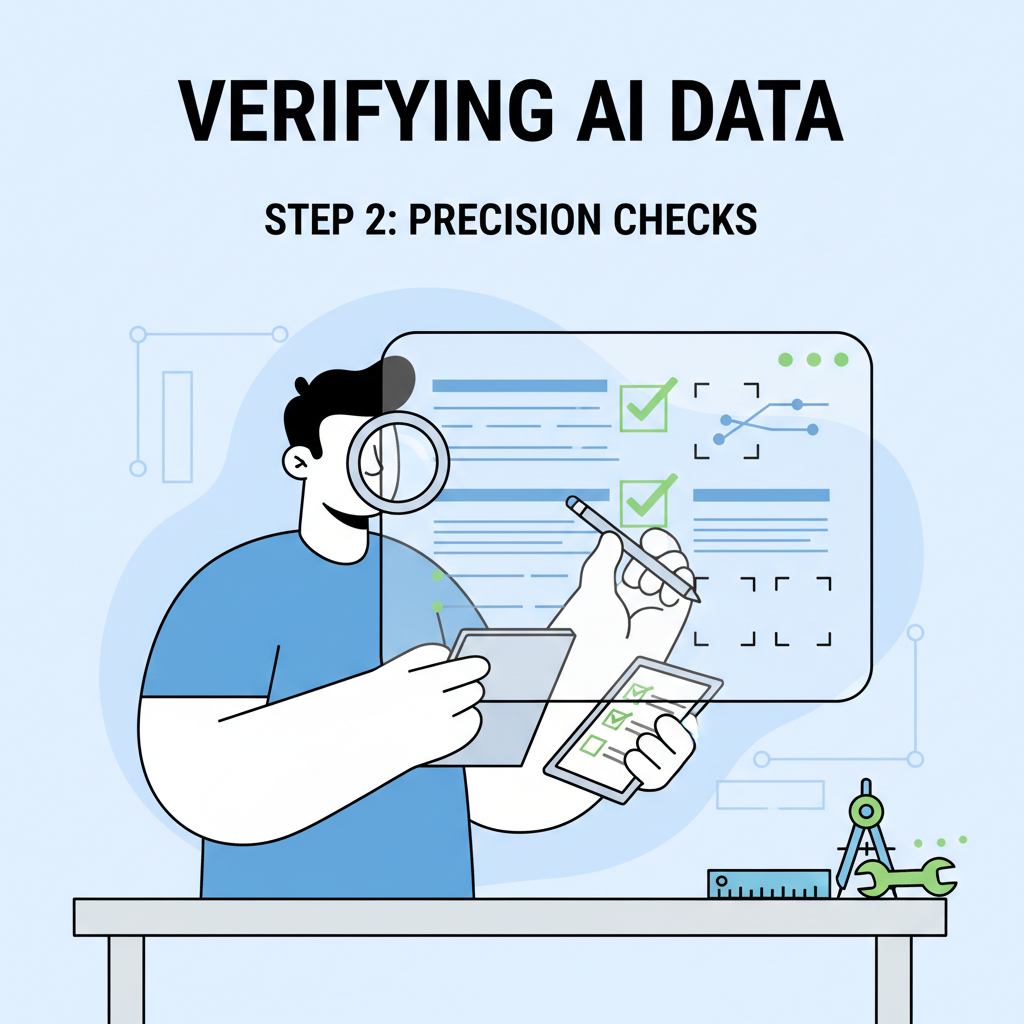 annotator laser-focused verifying AI data on screen, precision tools and checks