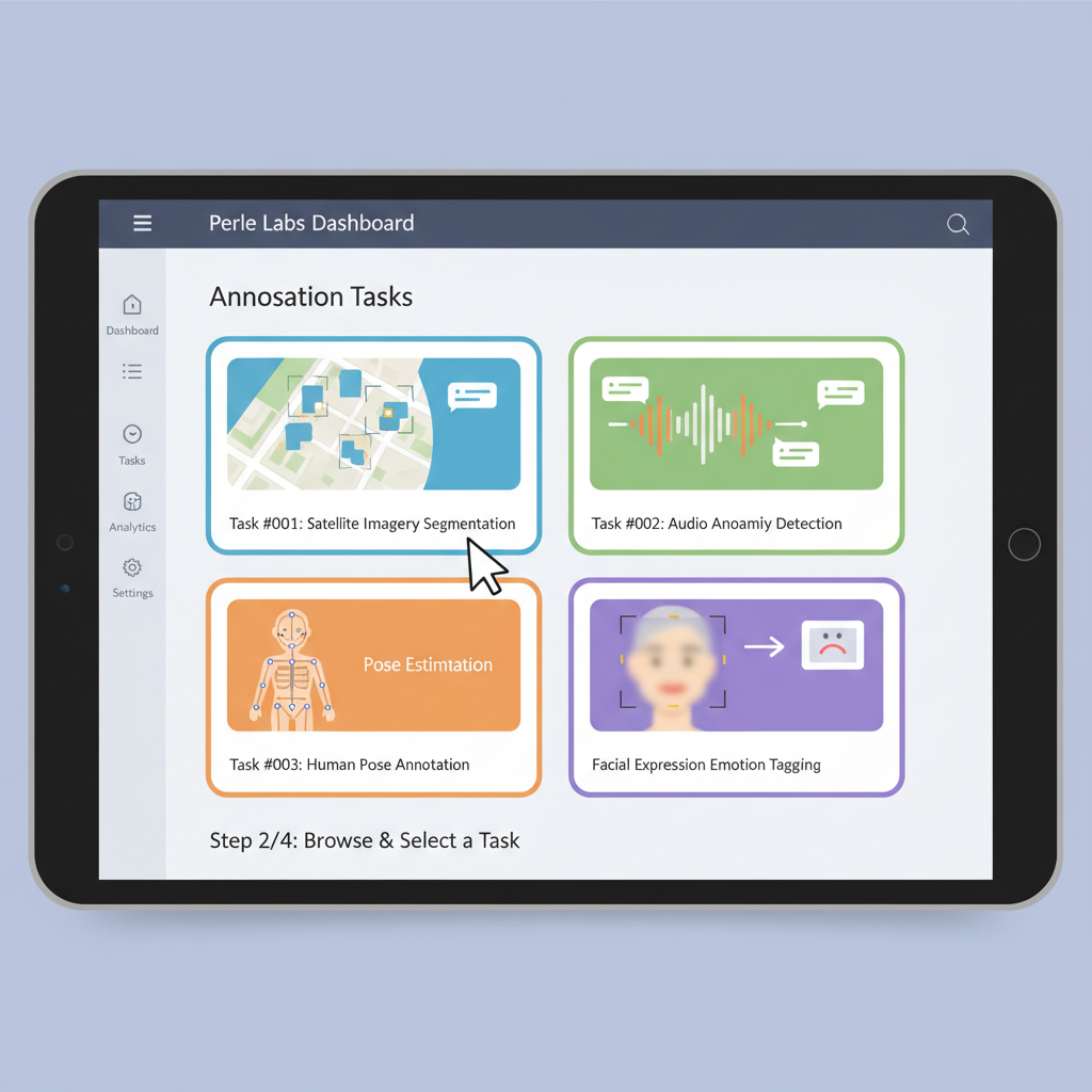 browsing annotation tasks on Perle Labs dashboard, task cards with AI data previews
