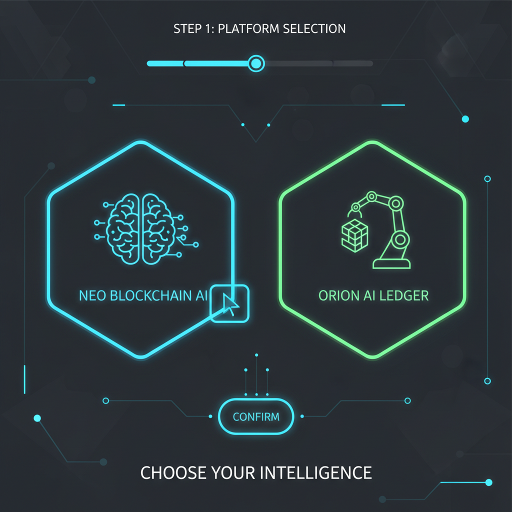 futuristic dashboard selecting between two blockchain AI platforms, neon glow, high-tech UI