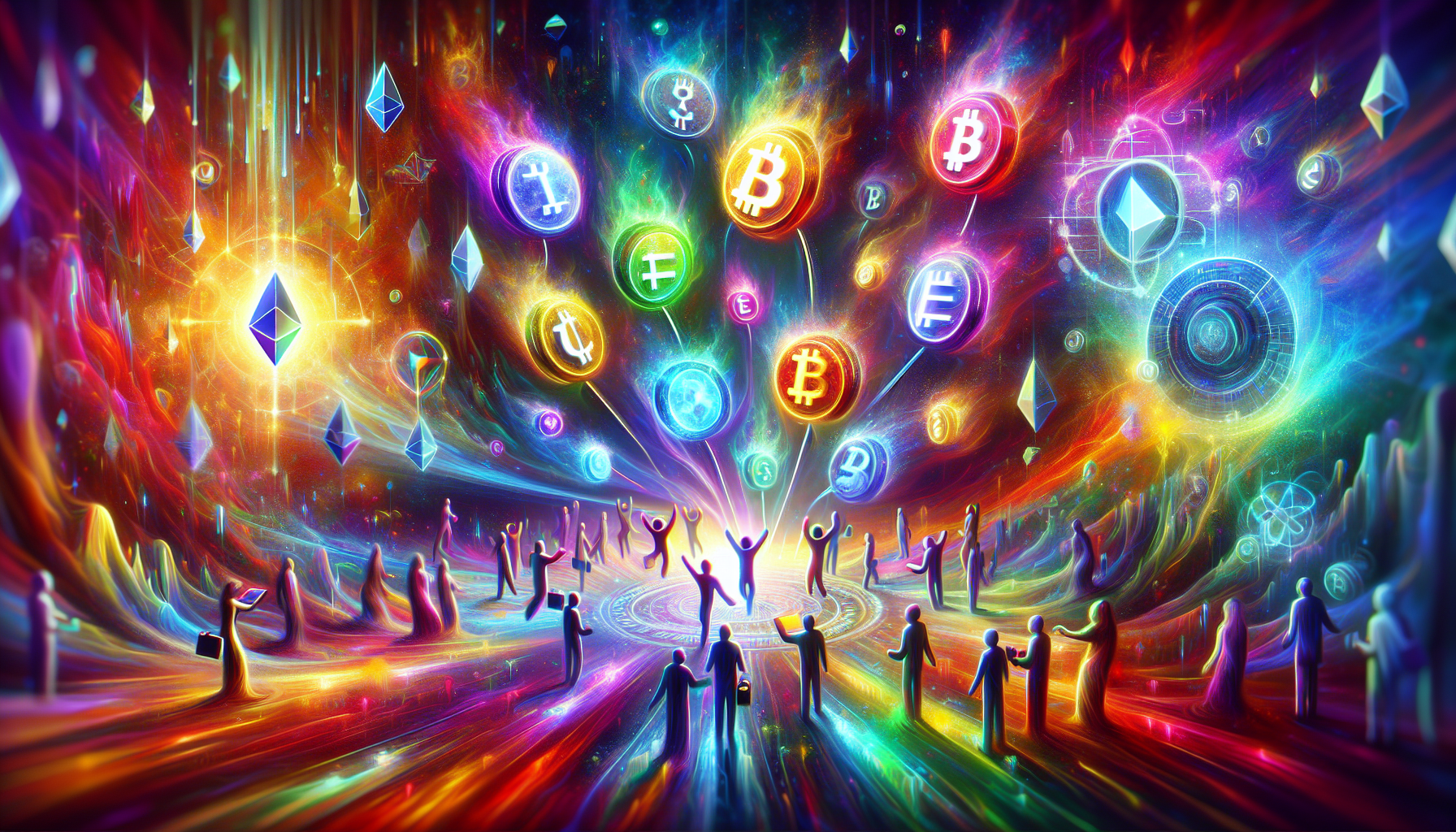 Abstract digital illustration of interconnected blockchain nodes rewarding data annotators with glowing cryptocurrency tokens in a decentralized AI training network