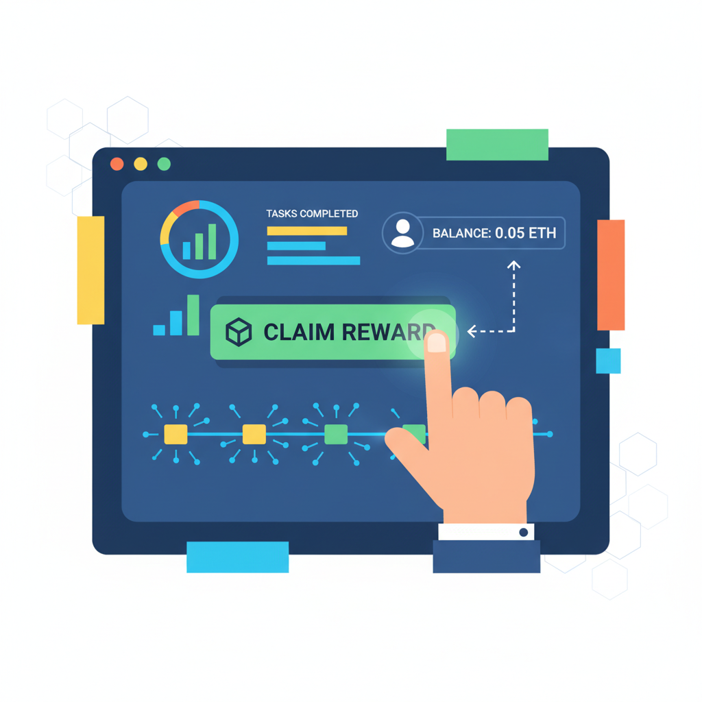 hand clicking claim button on data annotation task board, blockchain elements, vibrant UI