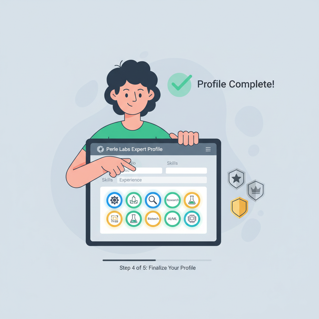user filling expert profile on Perle Labs, badges and skills icons glowing