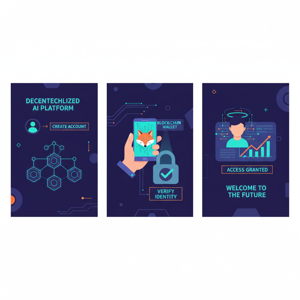 user signing up on decentralized AI platform, verifying identity with blockchain wallet, cyberpunk style