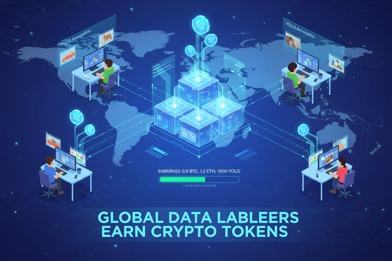 Illustration of diverse global data labelers annotating YOLO computer vision images and earning cryptocurrency tokens through blockchain incentives