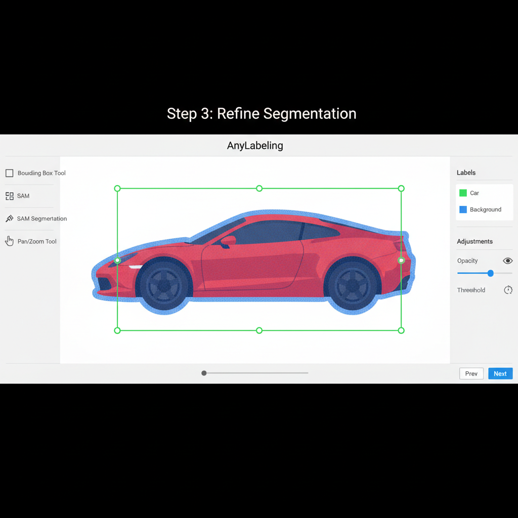 AnyLabeling editor with bounding box adjustment and SAM segmentation mask