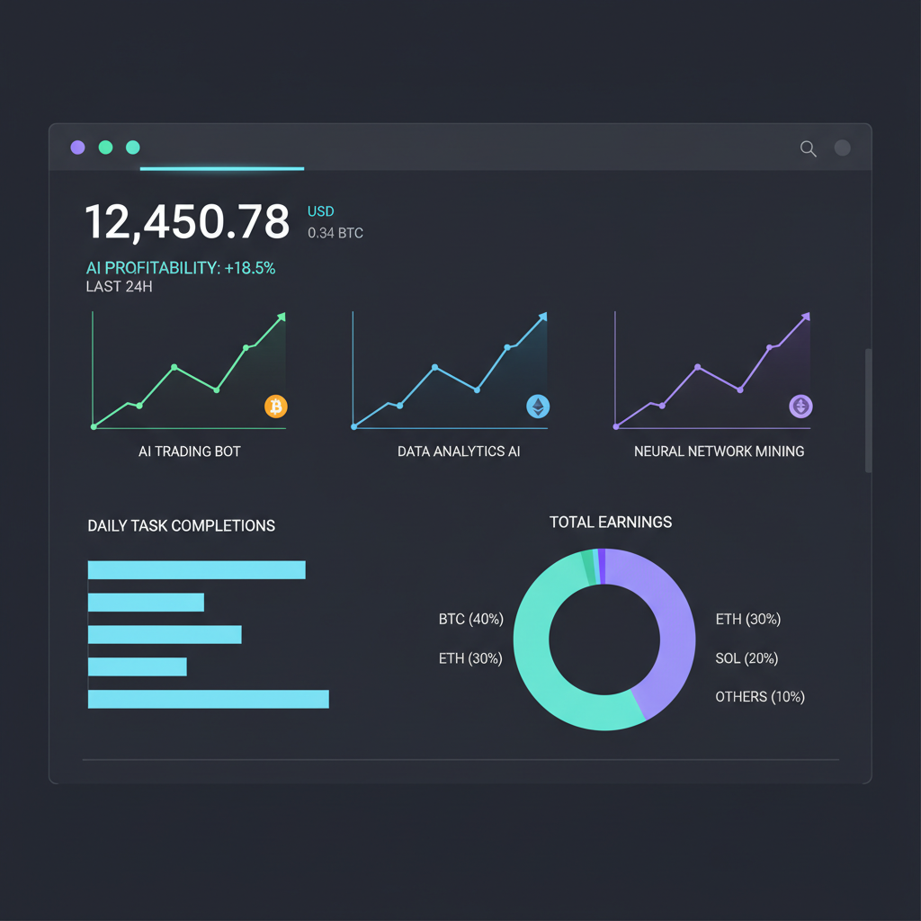analytics dashboard showing crypto earnings from AI tasks, charts graphs rising, dark mode futuristic
