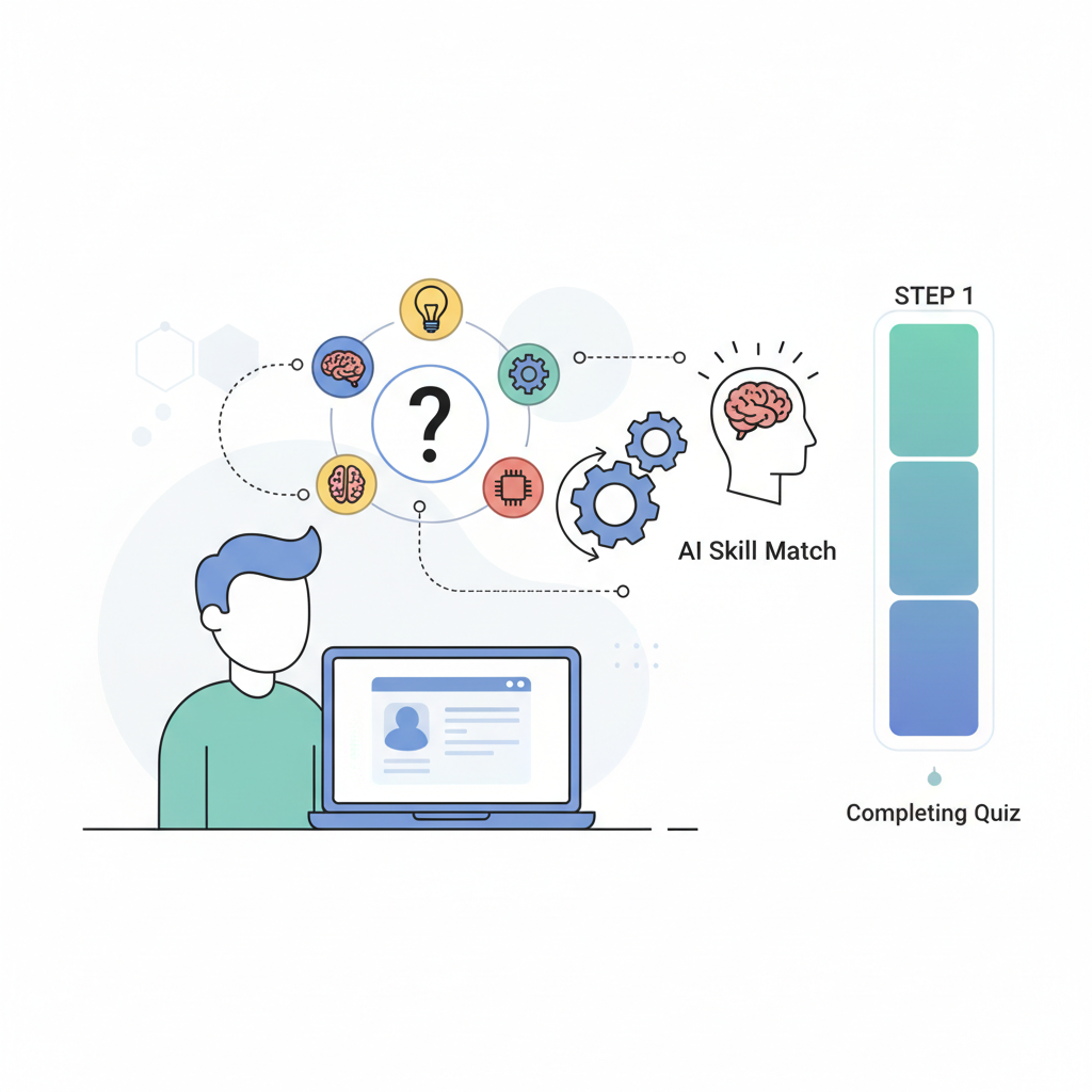 person completing quiz on laptop ai skill matching icons gears connecting
