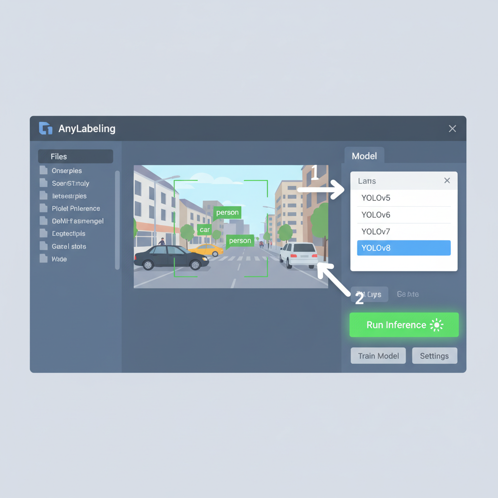 AnyLabeling UI showing YOLOv8 model selection and inference button activated