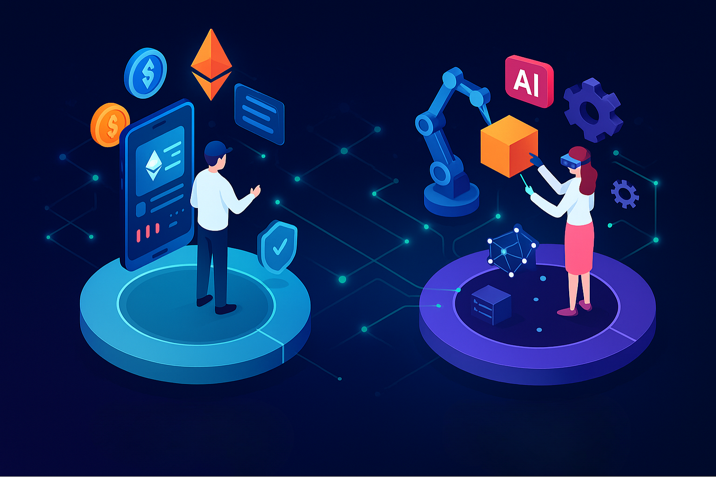 Conceptual illustration of blockchain tokens rewarding accurate AI data labeling contributors in a decentralized network, highlighting token incentives for high-quality AI datasets in Web3 projects