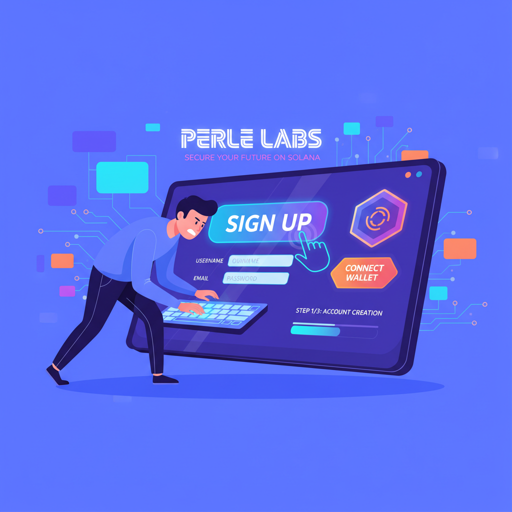 user aggressively signing up on futuristic Perle Labs website, neon Solana blockchain vibes
